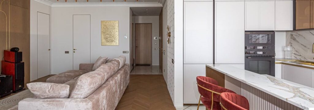 Реализованный дизайн кухни-гостиной, квартира в ЖК Wellton Towers, 112 м2