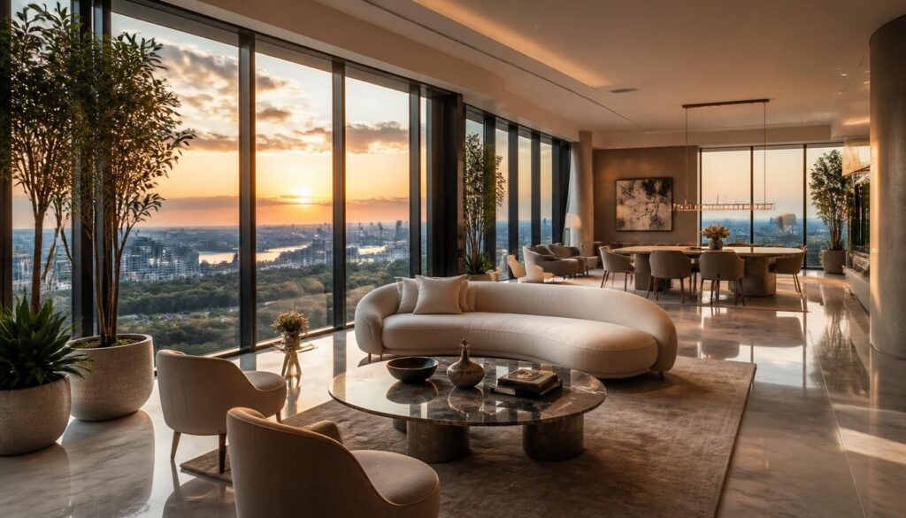 Exclusive penthouse interior with floor-to-ceiling panoramic windows, natural marble flooring, biophilic design elements, premium real estate Moscow