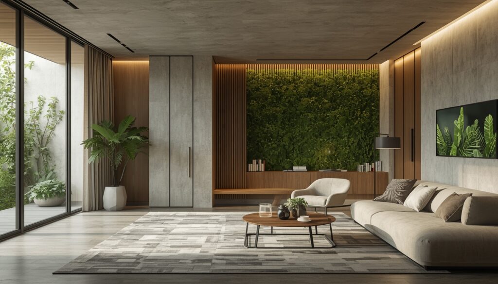 Futuristic sustainable interior with hybrid workspace, eco-friendly materials, living wall, AI-driven adaptive lighting, green building design