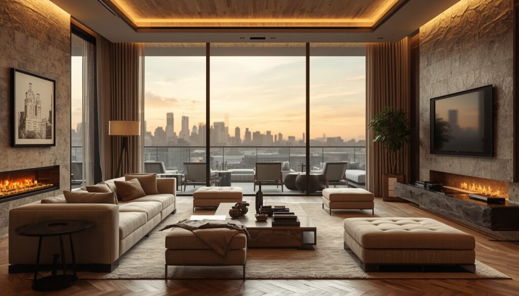 Luxury premium living room with panoramic city views, natural stone and wood finishes, quiet luxury interior design aesthetic