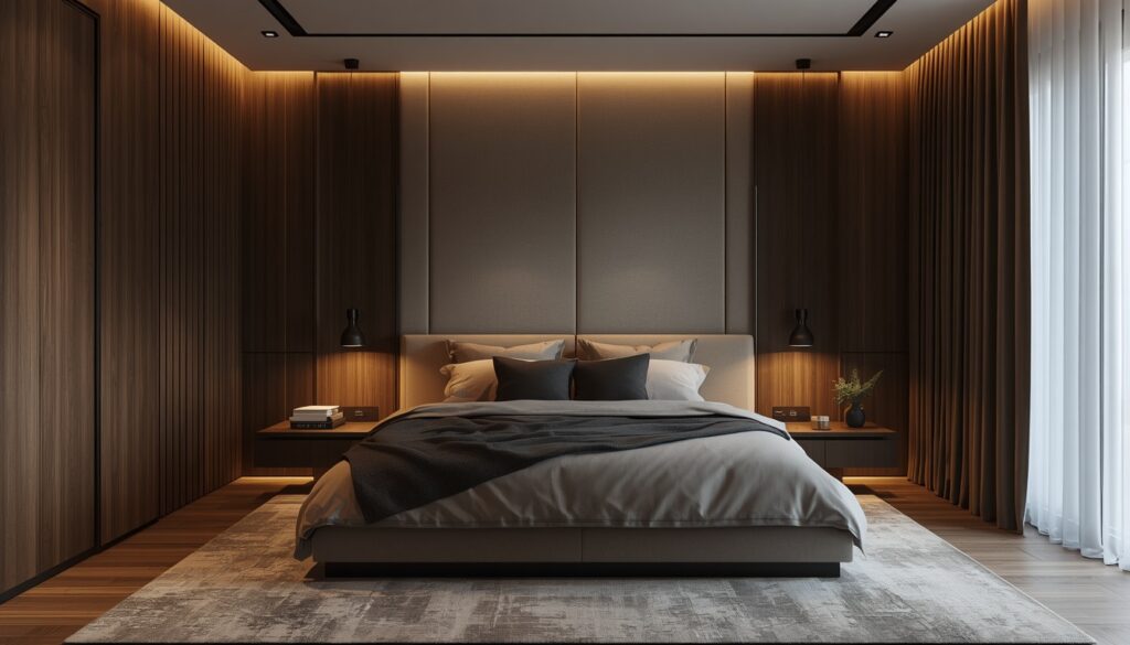 Modern smart home bedroom with invisible technology integration, automated lighting, hidden climate control systems, minimalist luxury design