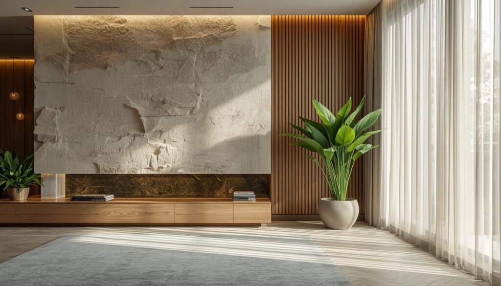 Premium apartment interior showcasing biophilic design with natural materials, tactile surfaces, textured wood and stone walls, indoor plants
