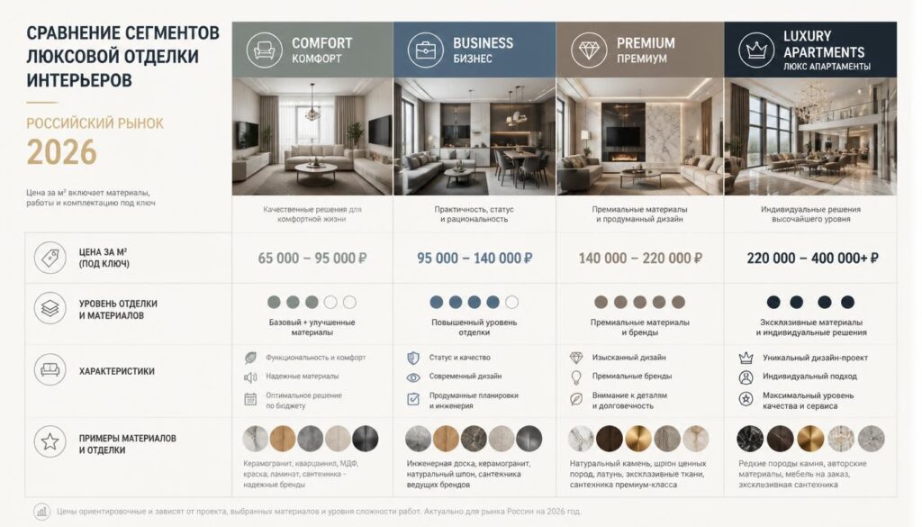 Сравнение ценовых сегментов ремонта в Москве: комфорт до 80 000₽/м², бизнес 80-150 000₽/м², премиум 180-350 000₽/м², люкс от 400 000₽/м²