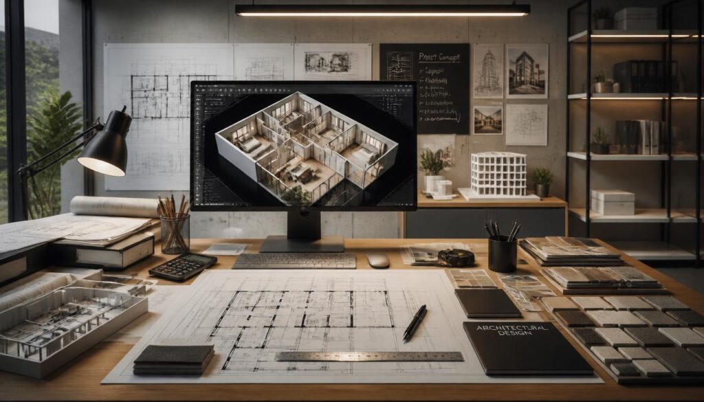Инженерное проектирование квартиры: рабочие чертежи, 3D-визуализация планировки, образцы материалов на столе архитектора
